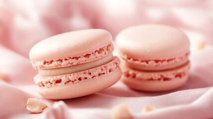 Obraz premium Two pink macarons on a pink fabric background.
