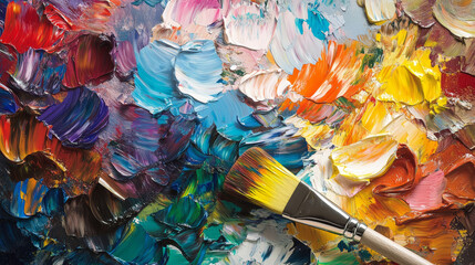 Fototapeta premium Here is a traditional artist's palette with paint smears and a brush, showing vibrant strokes that reflect creativity. Let me know if you'd like any adjustments!