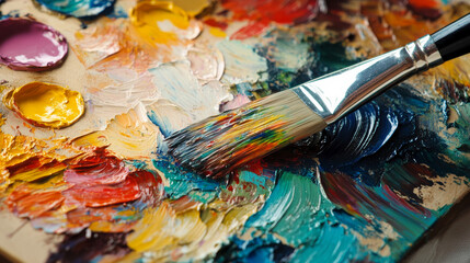 Obraz premium Here is a traditional artist's palette with paint smears and a brush, showing vibrant strokes that reflect creativity. Let me know if you'd like any adjustments!