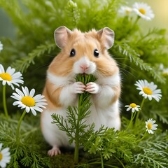 Fototapeta premium Adorable hamster nibbling on greenery surrounded by daisies in a vibrant garden setting 