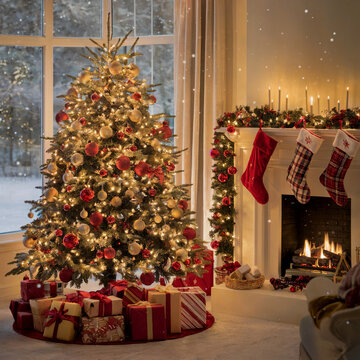 &Aacute;rbol de navidad decorado junto a la chimenea con regalos y nieve en el exterior