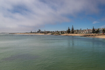 Naklejka premium Exposure of the The Swakopmund Jetty Pier, view of the harbour and The Swakopmund beach.