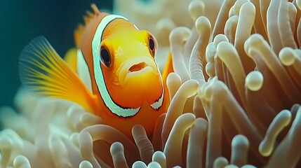 A vibrant orange and white clownfish peeks out from the tentacles of its anemone home, its black eyes curious and alert.