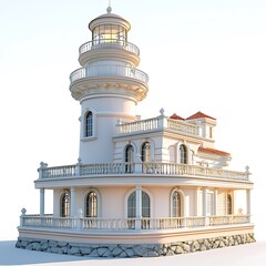 Obraz premium A lighthouse and its accompanying house, rendered in 3D, isolated against a white background.
