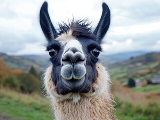 Obraz premium a close-up of a llama's face, showcasing its curious expression and soft fur, with the countryside in the background.