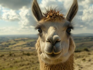 Obraz premium a close-up of a llama's face, showcasing its curious expression and soft fur, with the countryside in the background.