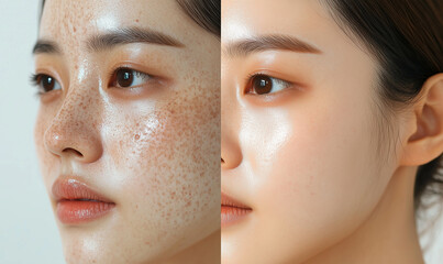 Close-up images of skin improvement before and after treatment, showing acne, freckles, pigmentation, and smooth skin, highlighting beauty, skincare, and dermatological care.