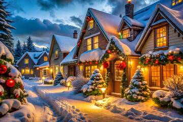 Fototapeta premium Picturesque Snowy Village with Colorful Christmas Lights and Wreaths