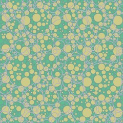 Seamless abstract geometry pattern. Simple background green, violet and yellow circles. Green background. Designed for textile fabrics, wrapping paper, background, wallpaper, cover.