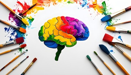 Vibrant paintbrush splashing rainbow colors on half of a brain, emphasizing creativity and artistic...