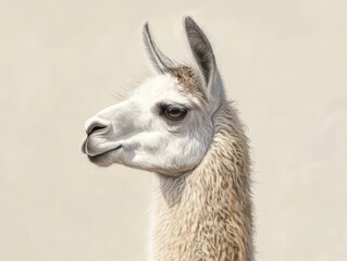 Obraz premium a detailed llama portrait, capturing the texture of its wool and its serene gaze, with a neutral background emphasizing its features.