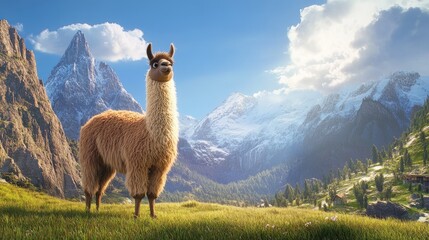 a fluffy llama standing in a grassy field, with a mountainous backdrop and clear blue skies, capturing the beauty of nature.