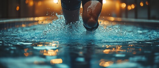 A person is running in the water with their knee bent.