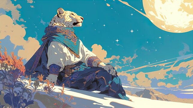 A beautifully illustrated scene features an anthropomorphic leopard sitting atop a snowy landscape, gazing contemplatively at a large, luminous moon in a star-filled sky. The leopard is dressed in ela