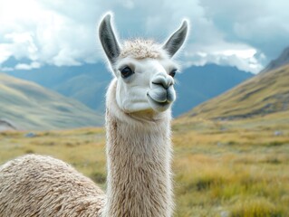 Obraz premium a high-quality photo of a llama in its natural habitat, with perfect lighting capturing the details of its wool and gentle expression.