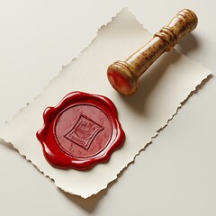 A red wax seal with a wooden stamp, resting on aged paper, evoking historical significance.