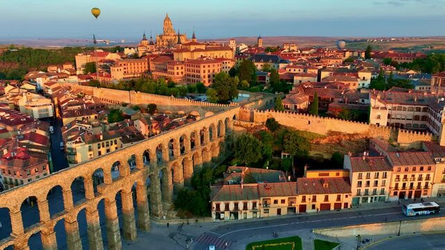 Morning drone view of Segovia old town with roman aqueduct of Segovia, travel in Spain, aerial view of Spanish town of Segovia, Roman ancient architecture