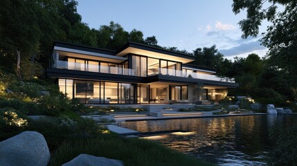 a modern, luxurious big house overlooking a serene lake, with large glass windows and a beautifully landscaped garden.