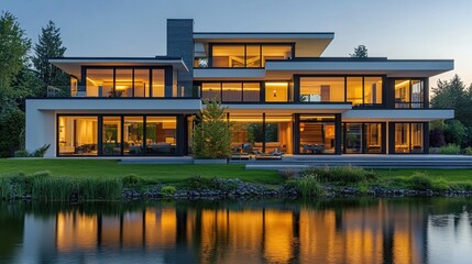 Obraz premium a modern, luxurious big house overlooking a serene lake, with large glass windows and a beautifully landscaped garden.