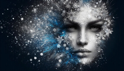 A mysterious portrait of a woman's face in the dark, covered in snow and ice, with intricate snowflakes