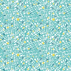 Seamless abstract geometry pattern. Simple background on blue, white, yellow colors. Illustration. Abstract dots, lines. Designed for textile fabrics, wrapping paper, background, wallpaper, cover.