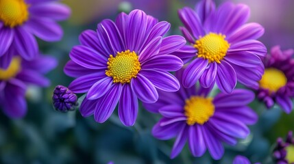 Obraz premium Vivid purple and yellow chrysanthemums in bloom, focus close-up