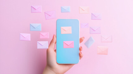 hand holding mobile phone with colorful envelopes floating around it, creating playful vibe