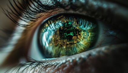 Futuristic digital interface reflected in human eye close-up