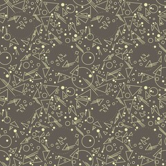 Seamless geometric pattern with circles, dots, squares, triangles and lines. Grey, yellow colors. Illustration. Design can be used for textile fabrics, wrapping paper, wallpaper, cover.