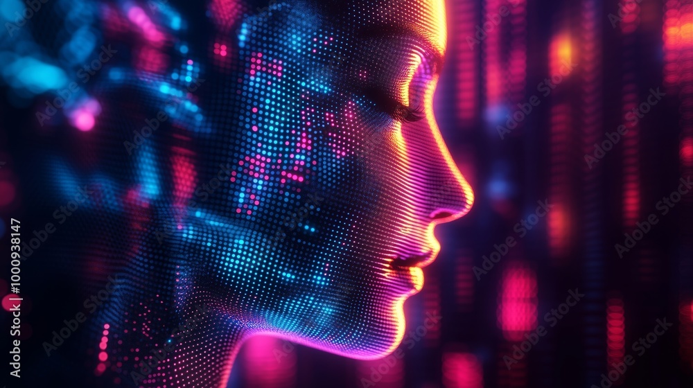 Poster a close-up of an abstract digital art piece featuring colorful pixelated patterns and lines, represe