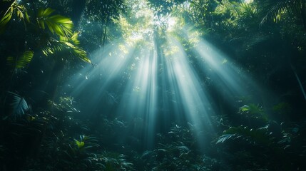 A dense jungle canopy with rays of sunlight filtering through, creating an ethereal atmosphere in the rainforest