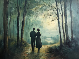 Painting of a couple walking in a forest warm tone painting picture