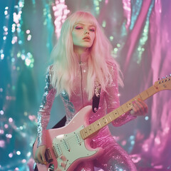 Obraz premium A candid photo of an eccentric kawaii blonde doll queen playing guitar on stage, a pastel galaxy universum with stars and nebulas, pink futuristic haute couture , pastel green and pink colors