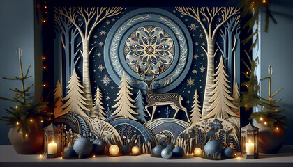 Fototapeta premium Magic Christmas composition with night woodland and deer