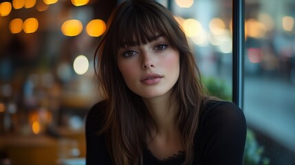 A portrait of an attractive woman sitting in front of a window at a restaurant, with bokeh lights and a city background