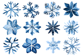 Snowflakes watercolor collection isolated on transparent background