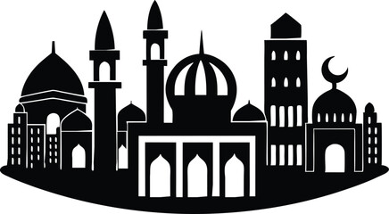 Muslim cityscape black monochrome silhouette background  