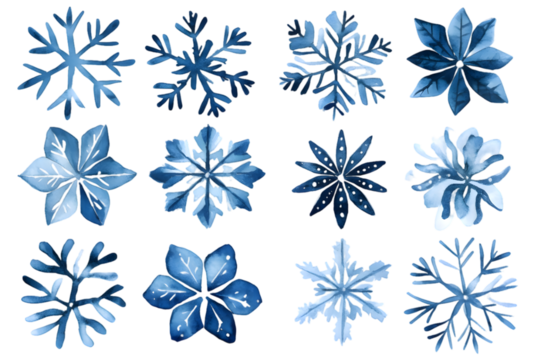 Snowflakes watercolor collection isolated on transparent background
