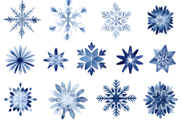 Snowflakes watercolor collection isolated on transparent background