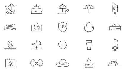 Sun Protection line icon set. Sunscreen, ultraviolet, sunglasses, sunlight, cream, UV, Sunburn, SPF cream, skin care, Face sun lotion, tanning line icon set. Ui thin line icon pack.