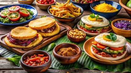 Fototapeta premium A beautiful spread of Venezuelan cuisine awaits, featuring colorful arepas, savory pabellón, and festive hallacas, each dish celebrating rich flavors and cultural heritage together.