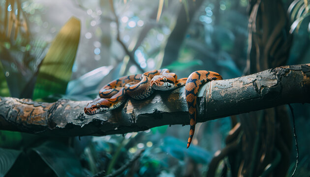 Brown boa constrictor on tree branch outdoors