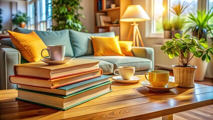 Fototapeta premium A cozy home ambiance surrounds a wooden table adorned with beginner interior design books, inviting creativity and inspiration for budding decorators to explore their passion.