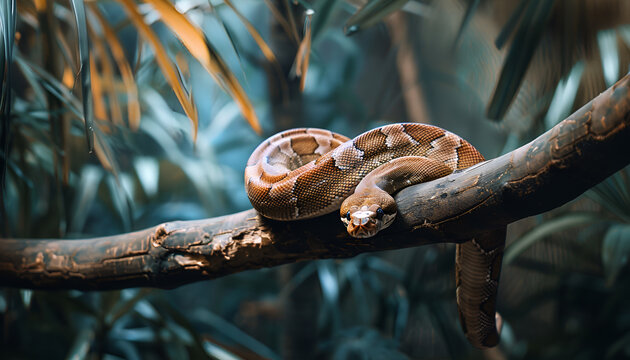Brown boa constrictor on tree branch outdoors