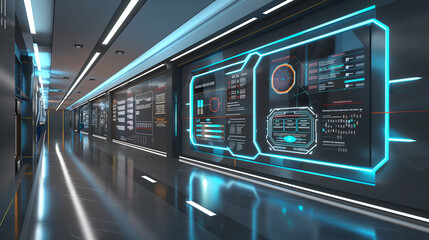 Obraz premium A futuristic hallway with holographic displays and digital interfaces, showcasing advanced technology and modern design
