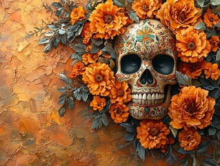 Vibrant composition featuring a decorated skull and marigold flowers, perfect for Day of the Dead (Dia De Los Muertos) celebrations, altars, and remembrance events.
