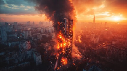 Obraz premium Skyscraper engulfed in flames during dramatic city sunset, emergency response, fire concept
