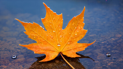 Embracing Autumn: A Close-Up Study of a Delicate Maple Leaf on a Wet Surface, Capturing the Rich Amber and Brown Tones, Detailed Veins, and Reflective Water Drops Against a Soft Bokeh Background