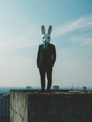 Surreal businessman in a rabbit mask standing on a rooftop