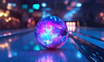 A glowing bowling ball on a lane.